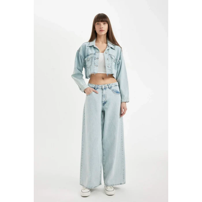 D0847 Palazzo Yüksek Bel Jean Yıkamalı Pantolon