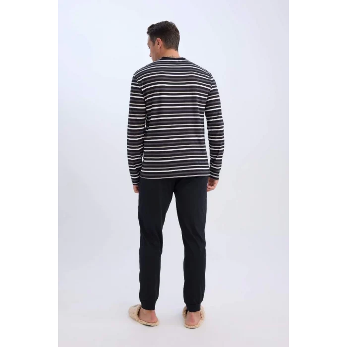 D0942 Regular Fit Bisiklet Yaka Çizgili Uzun Kollu Üst Uzun Alt Pijama Takımı
