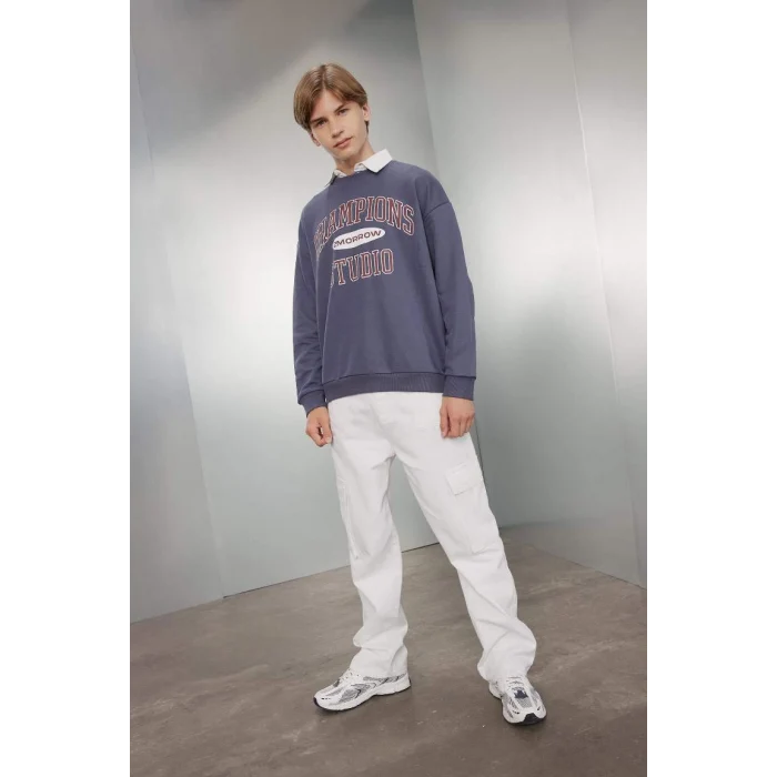 D0983 Oversize Geniş Kalıp Bisiklet Yaka Yazı Baskılı Okul Sweatshirt