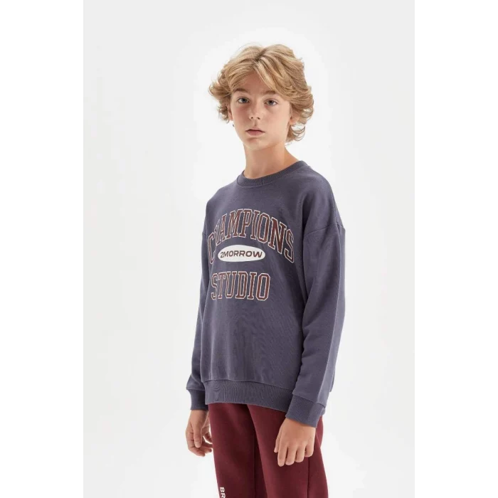 D0983 Oversize Geniş Kalıp Bisiklet Yaka Yazı Baskılı Okul Sweatshirt