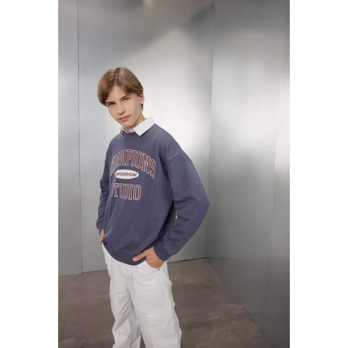 D0983 Oversize Geniş Kalıp Bisiklet Yaka Yazı Baskılı Okul Sweatshirt