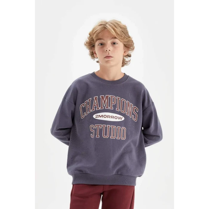 D0983 Oversize Geniş Kalıp Bisiklet Yaka Yazı Baskılı Okul Sweatshirt