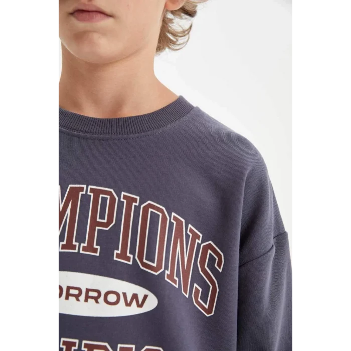 D0983 Oversize Geniş Kalıp Bisiklet Yaka Yazı Baskılı Okul Sweatshirt