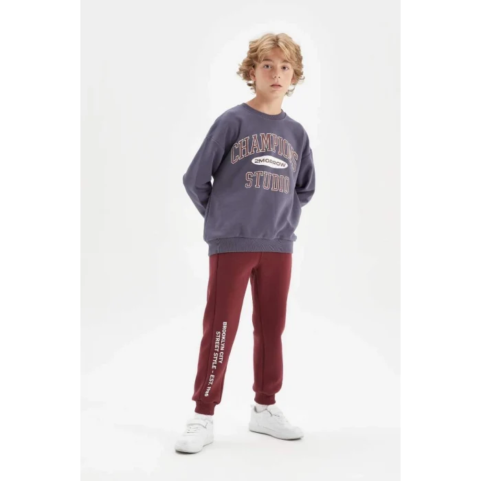 D0983 Oversize Geniş Kalıp Bisiklet Yaka Yazı Baskılı Okul Sweatshirt