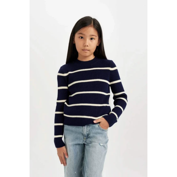 D1392 Lacivert Çizgili Fitted Bisiklet Yaka Triko Kazak