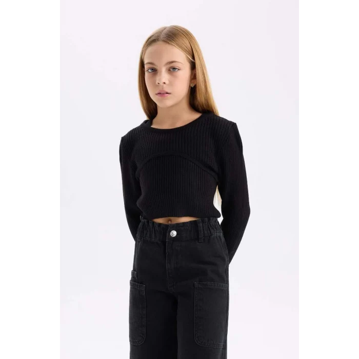 D1393 Fitted Bisiklet Yaka Triko Siyah Kazak