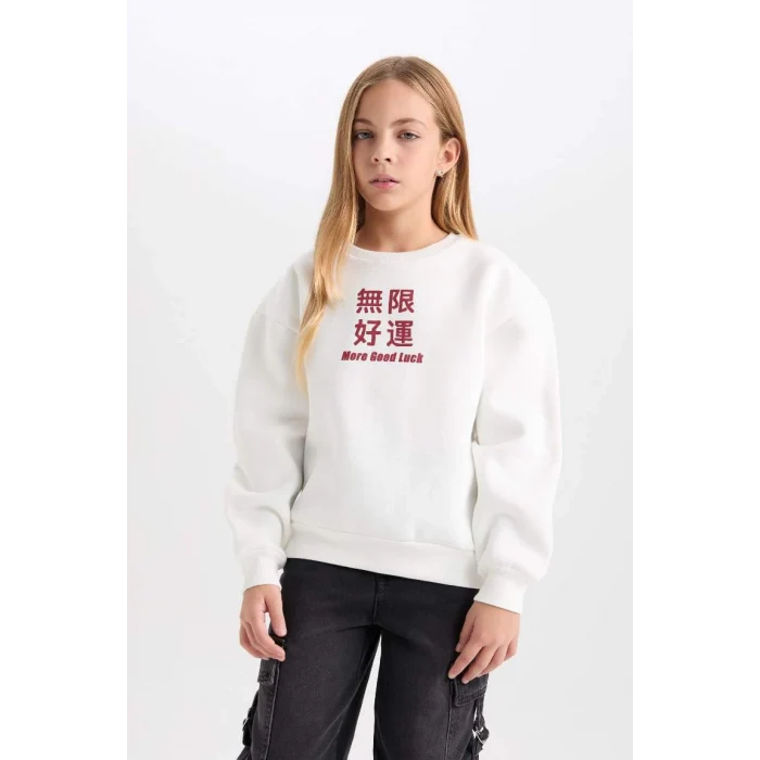 D1564 Relax Fit Bisiklet Yaka Baskılı Sweatshirt