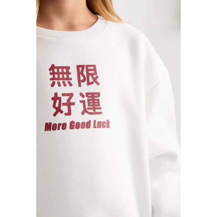 D1564 Relax Fit Bisiklet Yaka Baskılı Sweatshirt