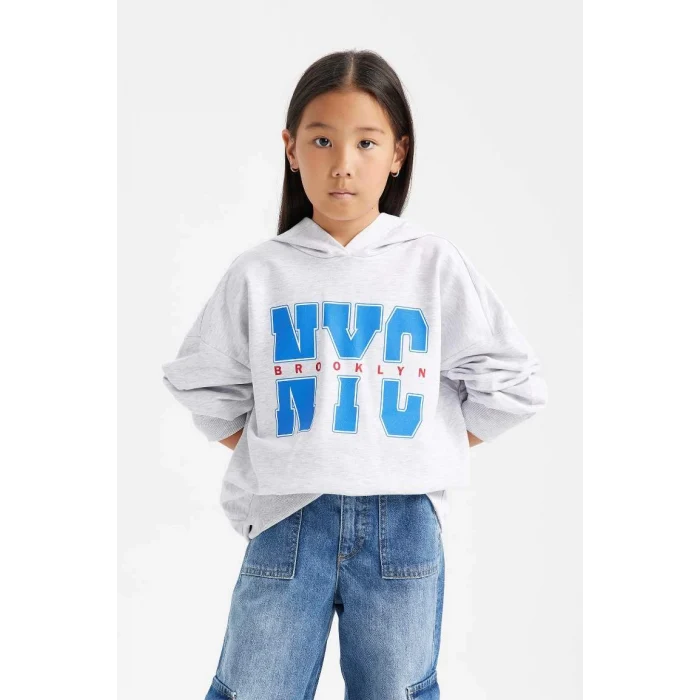 D1566 Oversize Fit Geniş Kalıp Kapüşonlu Baskılı İçi Yumuşak Tüylü Sweatshirt