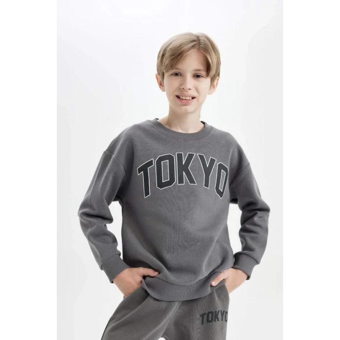 D1643 Antrasit Oversize Geniş Kalıp Bisiklet Yaka Kalın Okul Sweatshirt