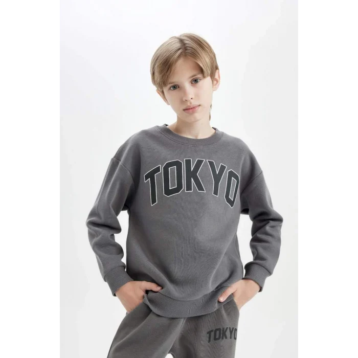 D1643 Antrasit Oversize Geniş Kalıp Bisiklet Yaka Kalın Okul Sweatshirt