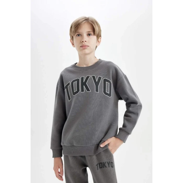 D1643 Antrasit Oversize Geniş Kalıp Bisiklet Yaka Kalın Okul Sweatshirt