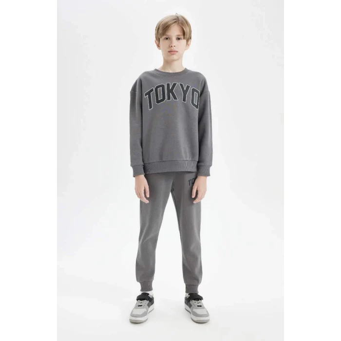 D1643 Antrasit Oversize Geniş Kalıp Bisiklet Yaka Kalın Okul Sweatshirt