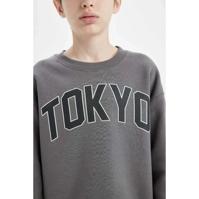 D1643 Antrasit Oversize Geniş Kalıp Bisiklet Yaka Kalın Okul Sweatshirt