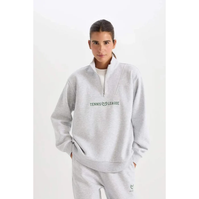 D1701 Oversize Fit Dik Yaka Spor Baskılı Sweatshirt