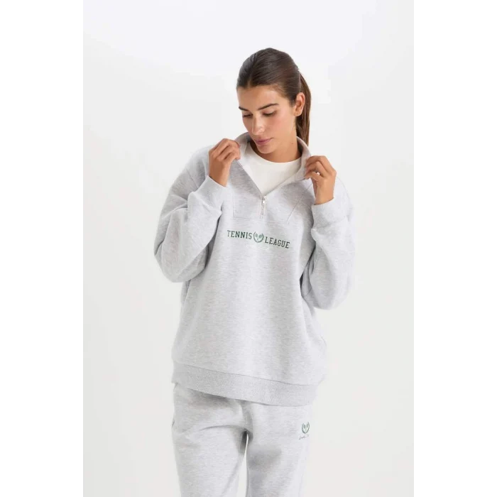 D1701 Oversize Fit Dik Yaka Spor Baskılı Sweatshirt