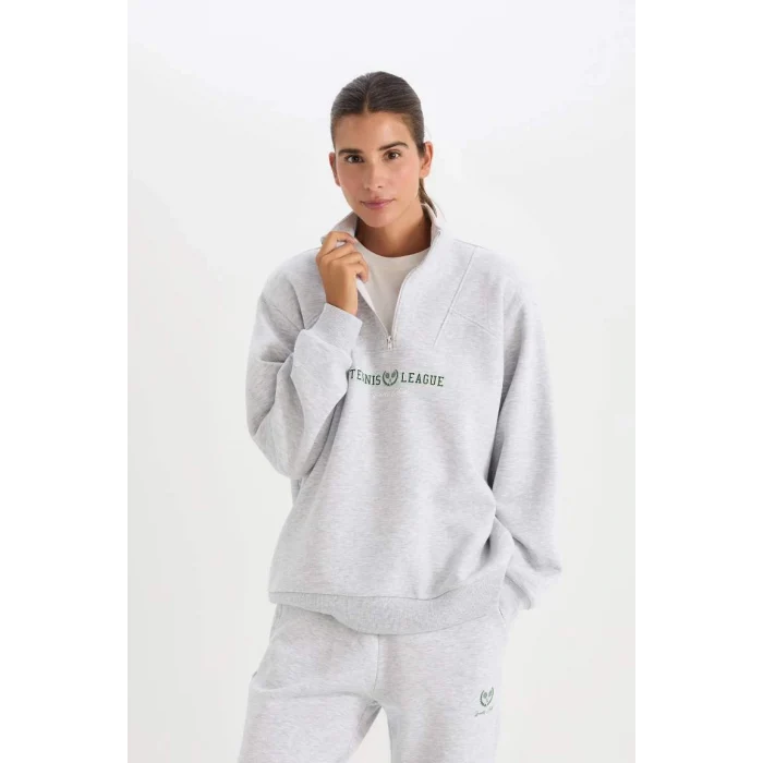 D1701 Oversize Fit Dik Yaka Spor Baskılı Sweatshirt