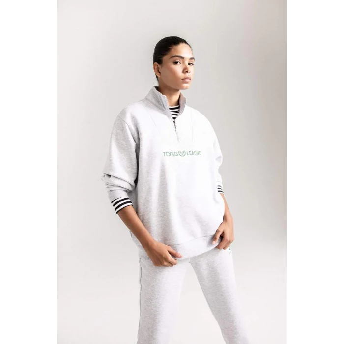 D1701 Oversize Fit Dik Yaka Spor Baskılı Sweatshirt