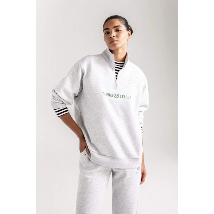 D1701 Oversize Fit Dik Yaka Spor Baskılı Sweatshirt