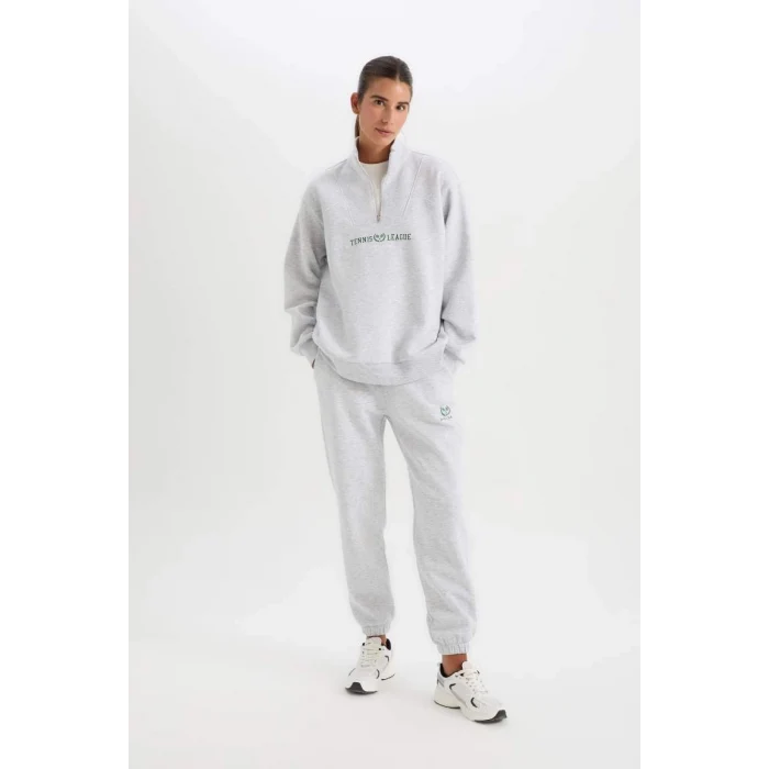 D1701 Oversize Fit Dik Yaka Spor Baskılı Sweatshirt