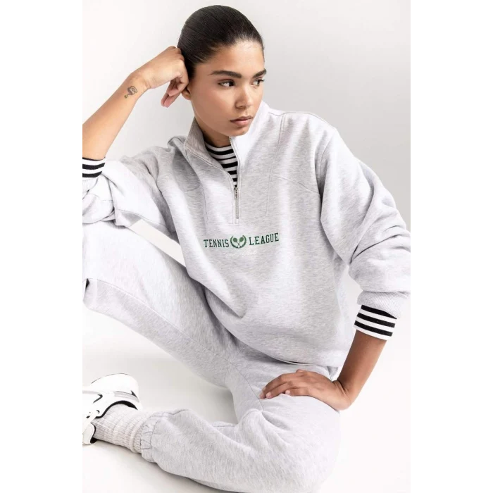 D1701 Oversize Fit Dik Yaka Spor Baskılı Sweatshirt