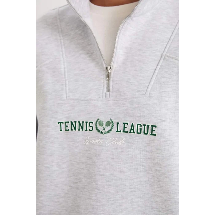 D1701 Oversize Fit Dik Yaka Spor Baskılı Sweatshirt