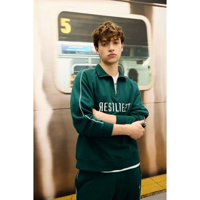 D1782 Boxy Fit Dik Yaka Fermuarlı Baskılı Sweatshirt