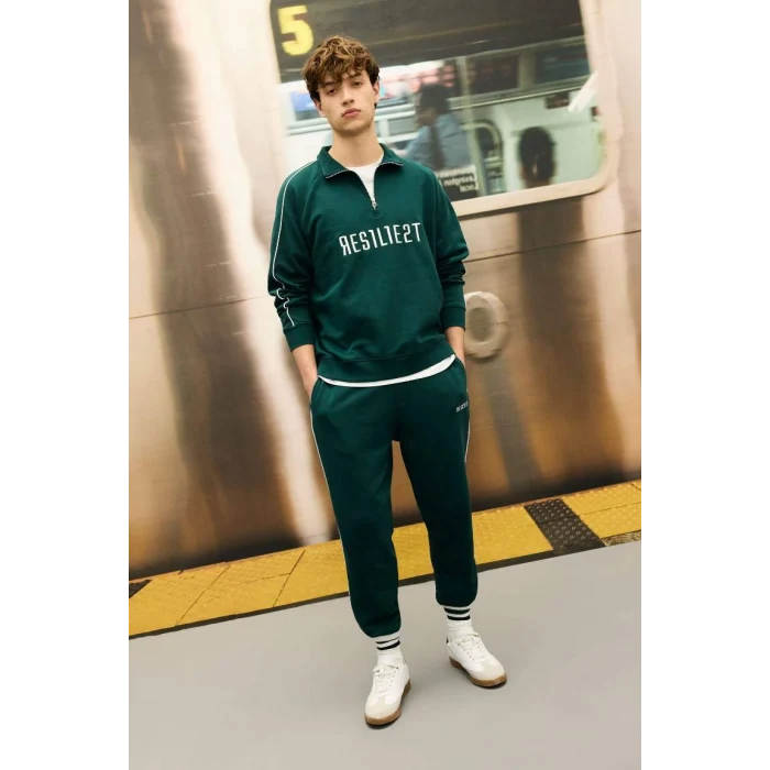 D1782 Boxy Fit Dik Yaka Fermuarlı Baskılı Sweatshirt