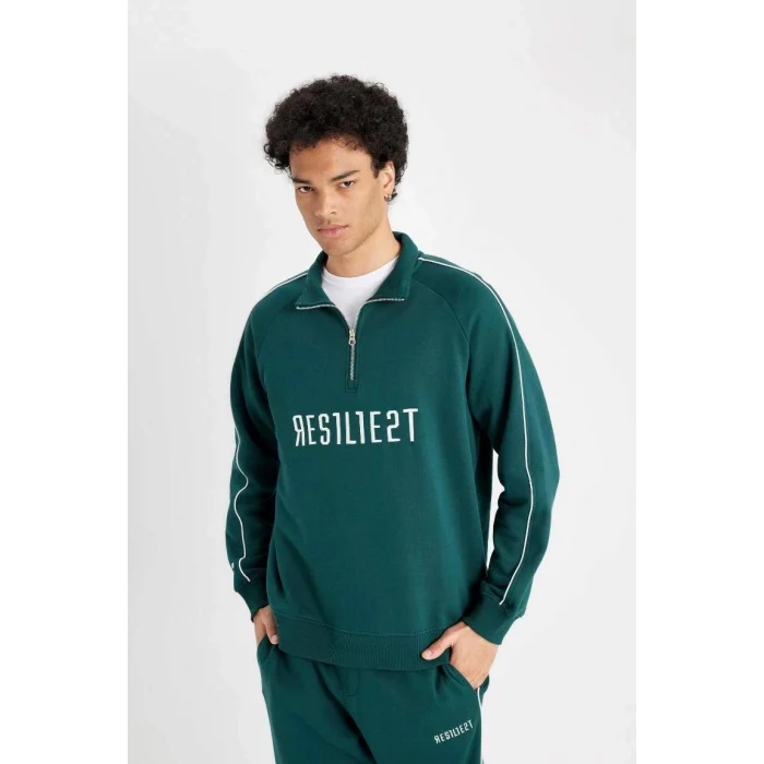D1782 Boxy Fit Dik Yaka Fermuarlı Baskılı Sweatshirt