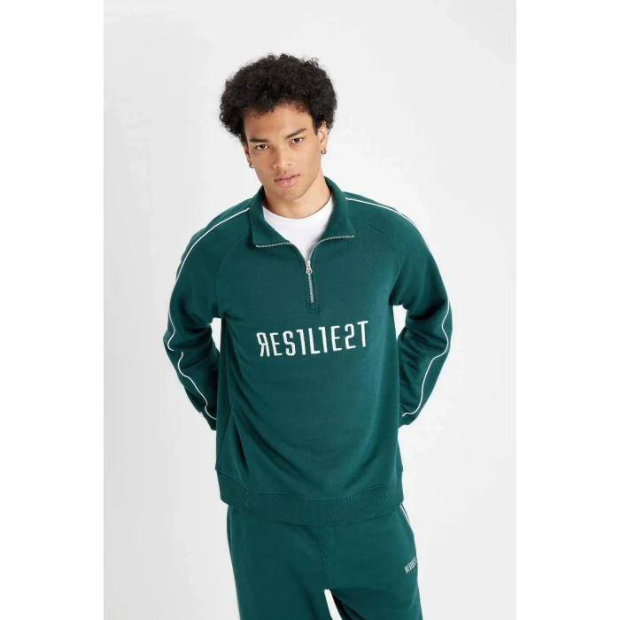 D1782 Boxy Fit Dik Yaka Fermuarlı Baskılı Sweatshirt