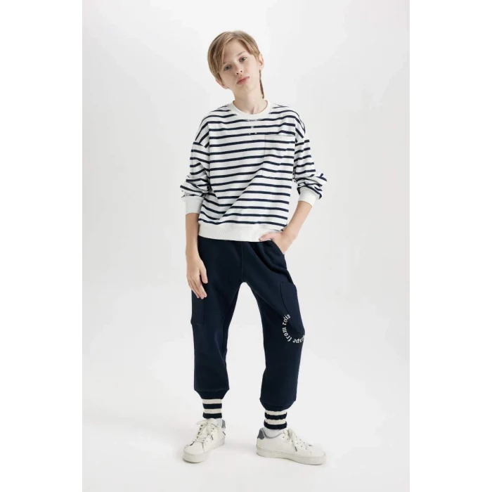 D1914 Lacivert Beli Paçası Lastikli Baskılı Eşofman Altı