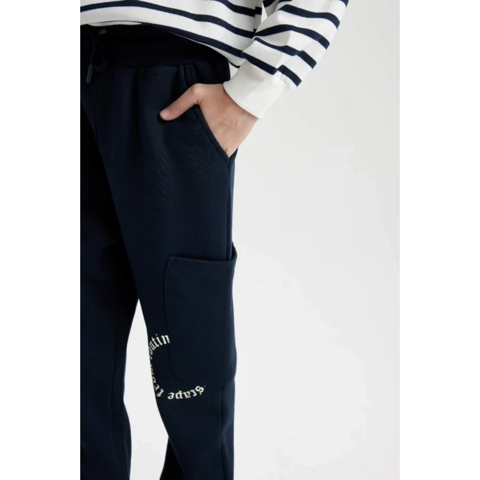 D1914 Lacivert Beli Paçası Lastikli Baskılı Eşofman Altı