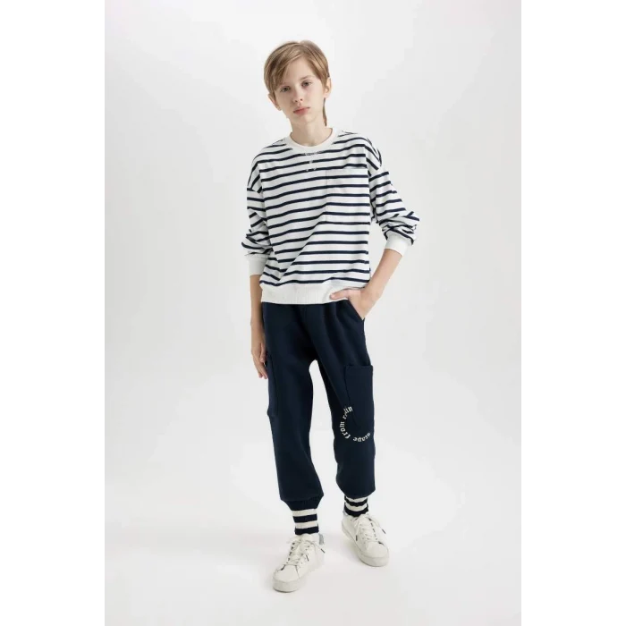 D1914 Lacivert Beli Paçası Lastikli Baskılı Eşofman Altı