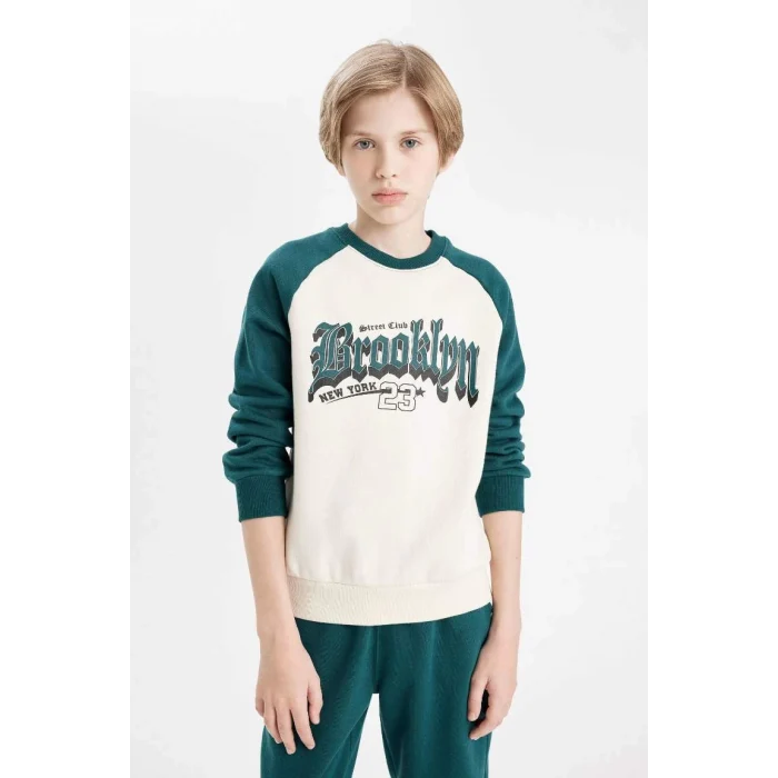 D2033 Baskılı Bisiklet Yaka Sweatshirt Üst Beli Lastikli Jogger Eşofman Altı 2li Takım