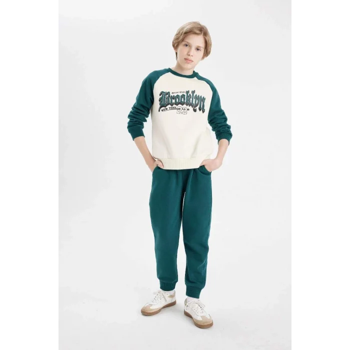 D2033 Baskılı Bisiklet Yaka Sweatshirt Üst Beli Lastikli Jogger Eşofman Altı 2li Takım