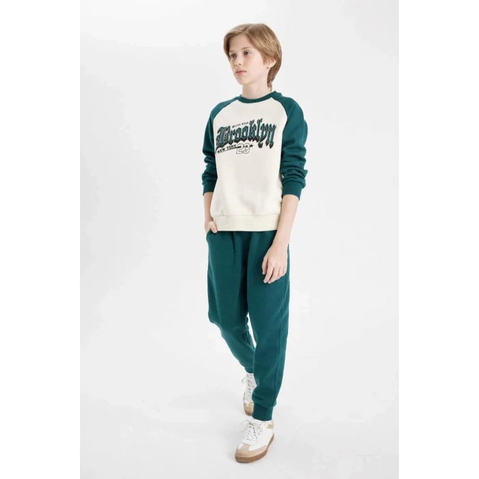 D2033 Baskılı Bisiklet Yaka Sweatshirt Üst Beli Lastikli Jogger Eşofman Altı 2li Takım