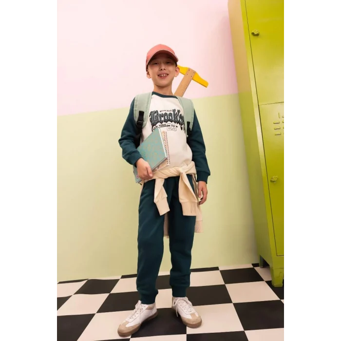 D2033 Baskılı Bisiklet Yaka Sweatshirt Üst Beli Lastikli Jogger Eşofman Altı 2li Takım