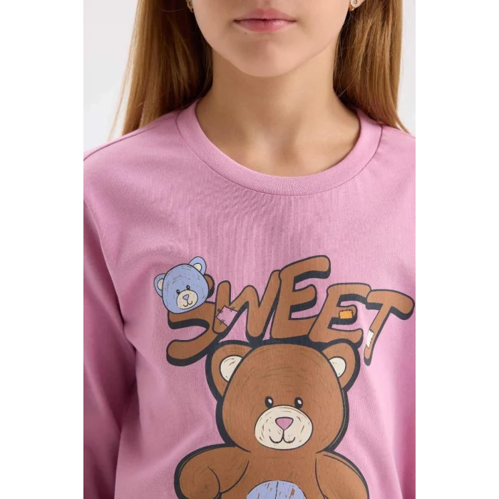 D2108 Ayıcık Baskılı Uzun Kollu Üst Beli Lastikli Desenli Uzun Alt Pijama Takım