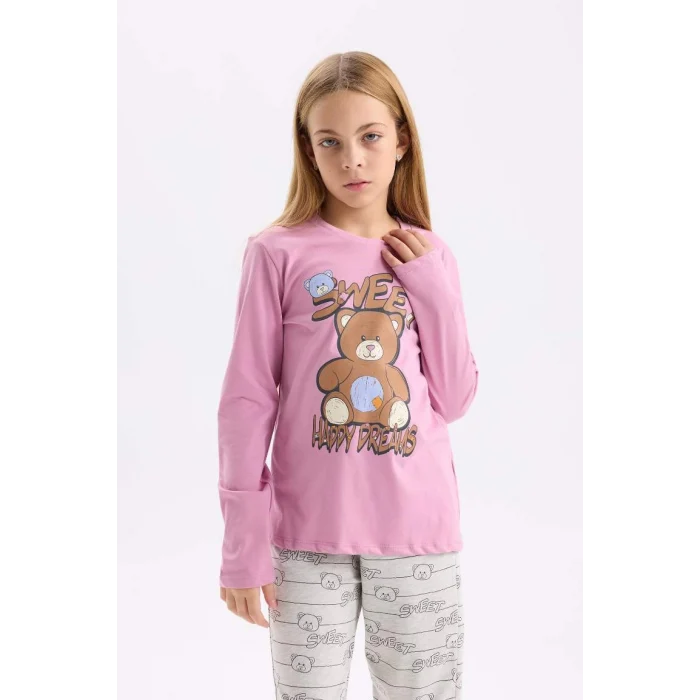D2108 Ayıcık Baskılı Uzun Kollu Üst Beli Lastikli Desenli Uzun Alt Pijama Takım