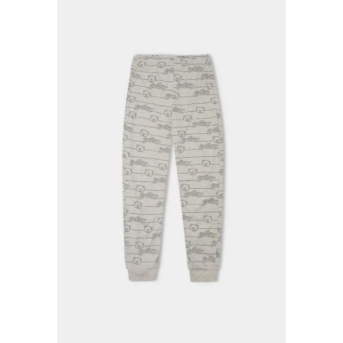 D2108 Ayıcık Baskılı Uzun Kollu Üst Beli Lastikli Desenli Uzun Alt Pijama Takım