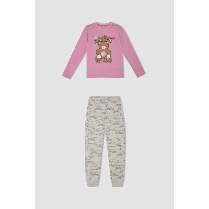D2108 Ayıcık Baskılı Uzun Kollu Üst Beli Lastikli Desenli Uzun Alt Pijama Takım