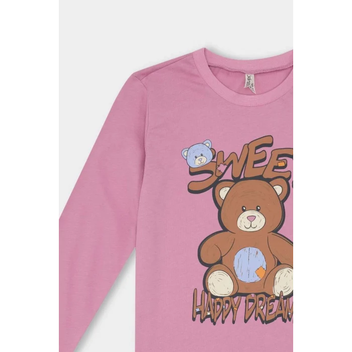D2108 Ayıcık Baskılı Uzun Kollu Üst Beli Lastikli Desenli Uzun Alt Pijama Takım