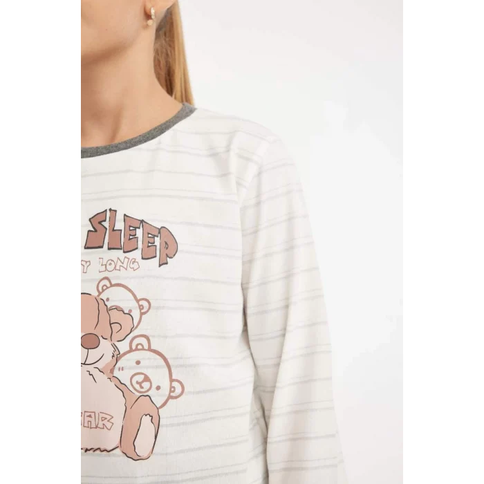D2115 Pijama Takımı Ayı Baskılı Uzun Kollu Üst Uzun Alt