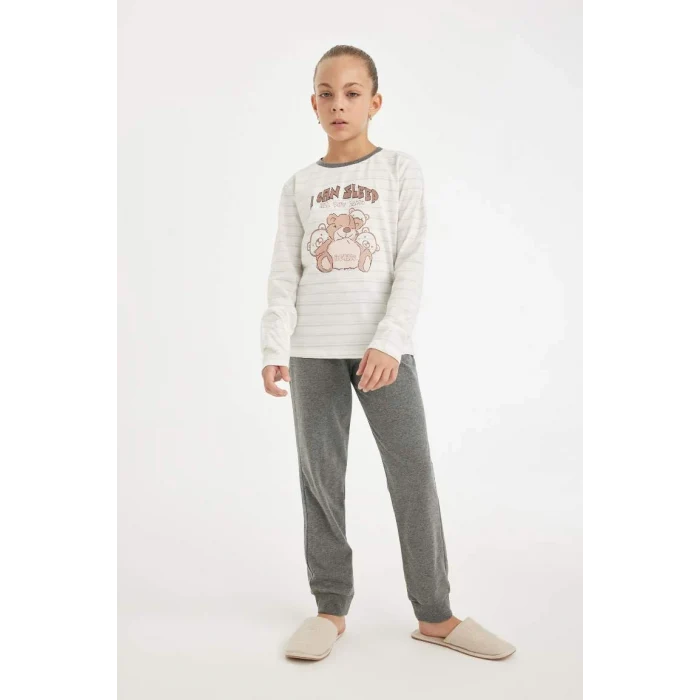 D2115 Pijama Takımı Ayı Baskılı Uzun Kollu Üst Uzun Alt
