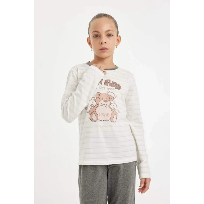 D2115 Pijama Takımı Ayı Baskılı Uzun Kollu Üst Uzun Alt