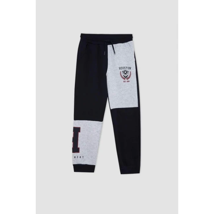 D2161 Baskılı Renk Bloklu Beli Paçası Lastikli Cepli Kalın Jogger Eşofman Alt