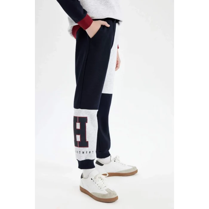 D2161 Baskılı Renk Bloklu Beli Paçası Lastikli Cepli Kalın Jogger Eşofman Alt