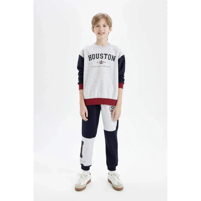 D2161 Baskılı Renk Bloklu Beli Paçası Lastikli Cepli Kalın Jogger Eşofman Alt