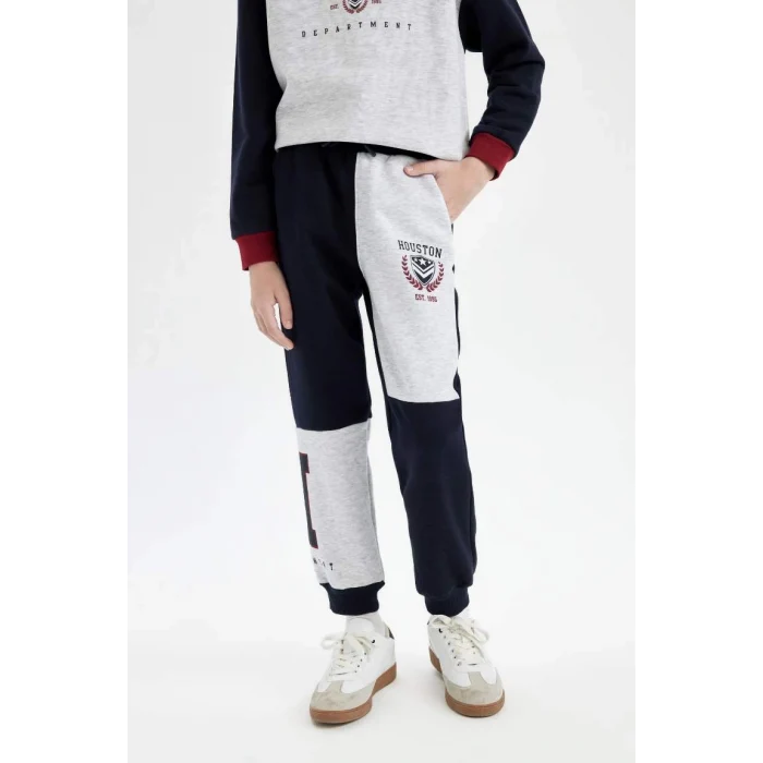 D2161 Baskılı Renk Bloklu Beli Paçası Lastikli Cepli Kalın Jogger Eşofman Alt