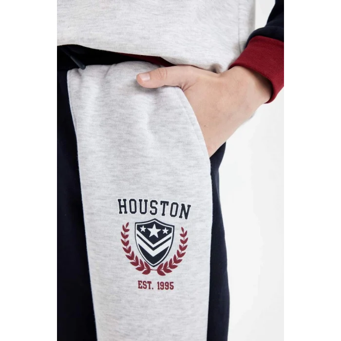 D2161 Baskılı Renk Bloklu Beli Paçası Lastikli Cepli Kalın Jogger Eşofman Alt